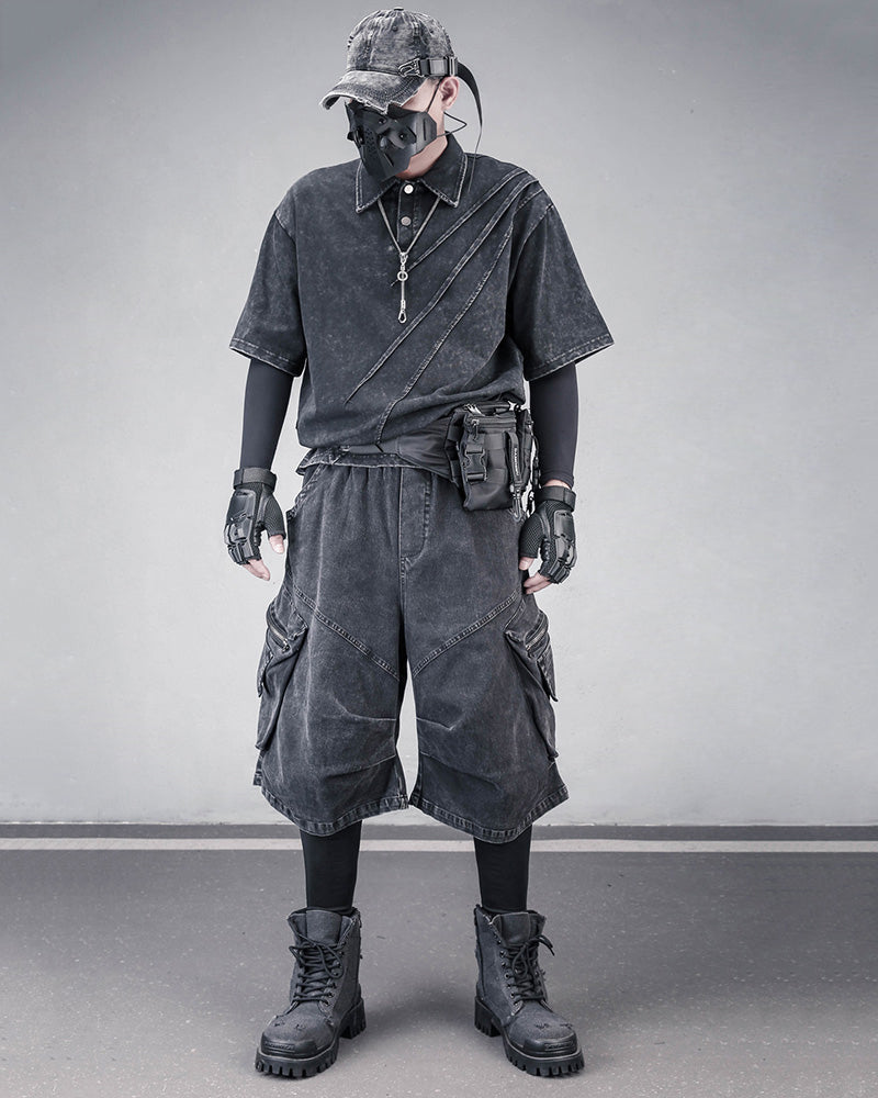 Washed Black Denim Techwear Cargo Shorts