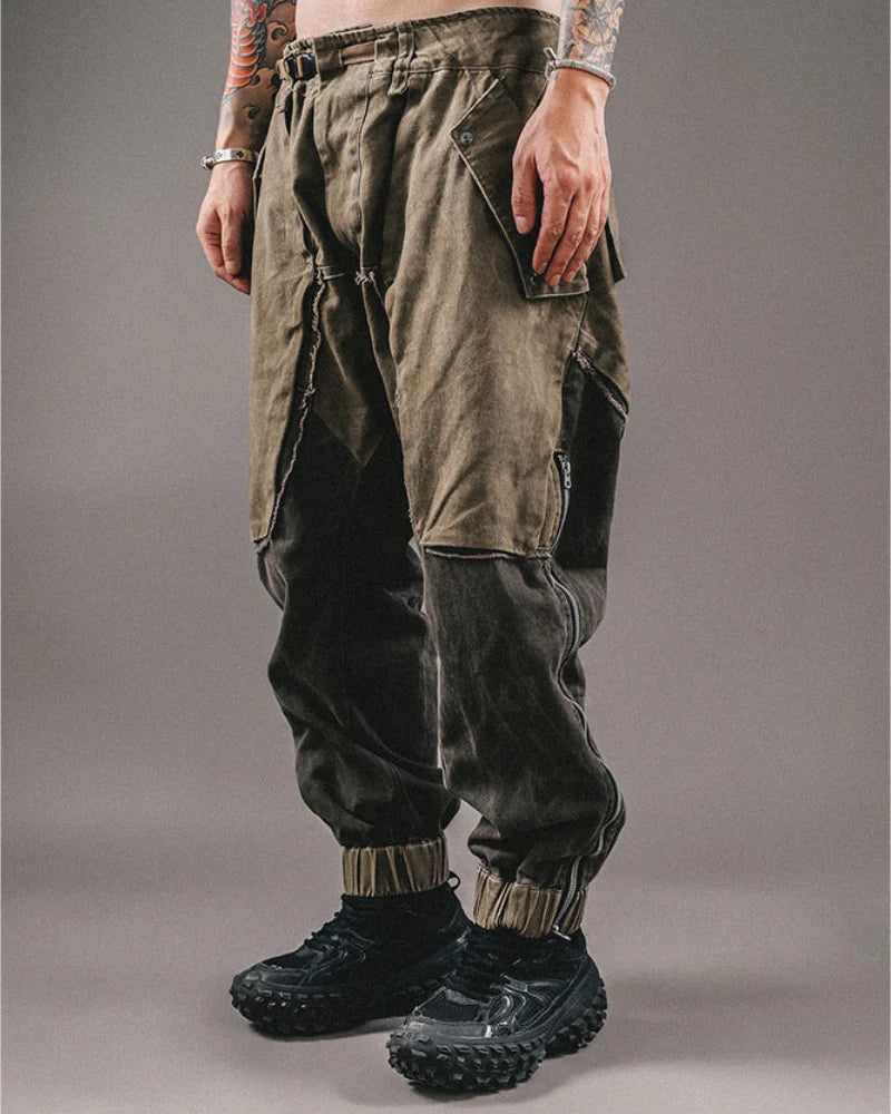 Wasteland Style Color-Blocked Drawstring Zipper Cargo Pants