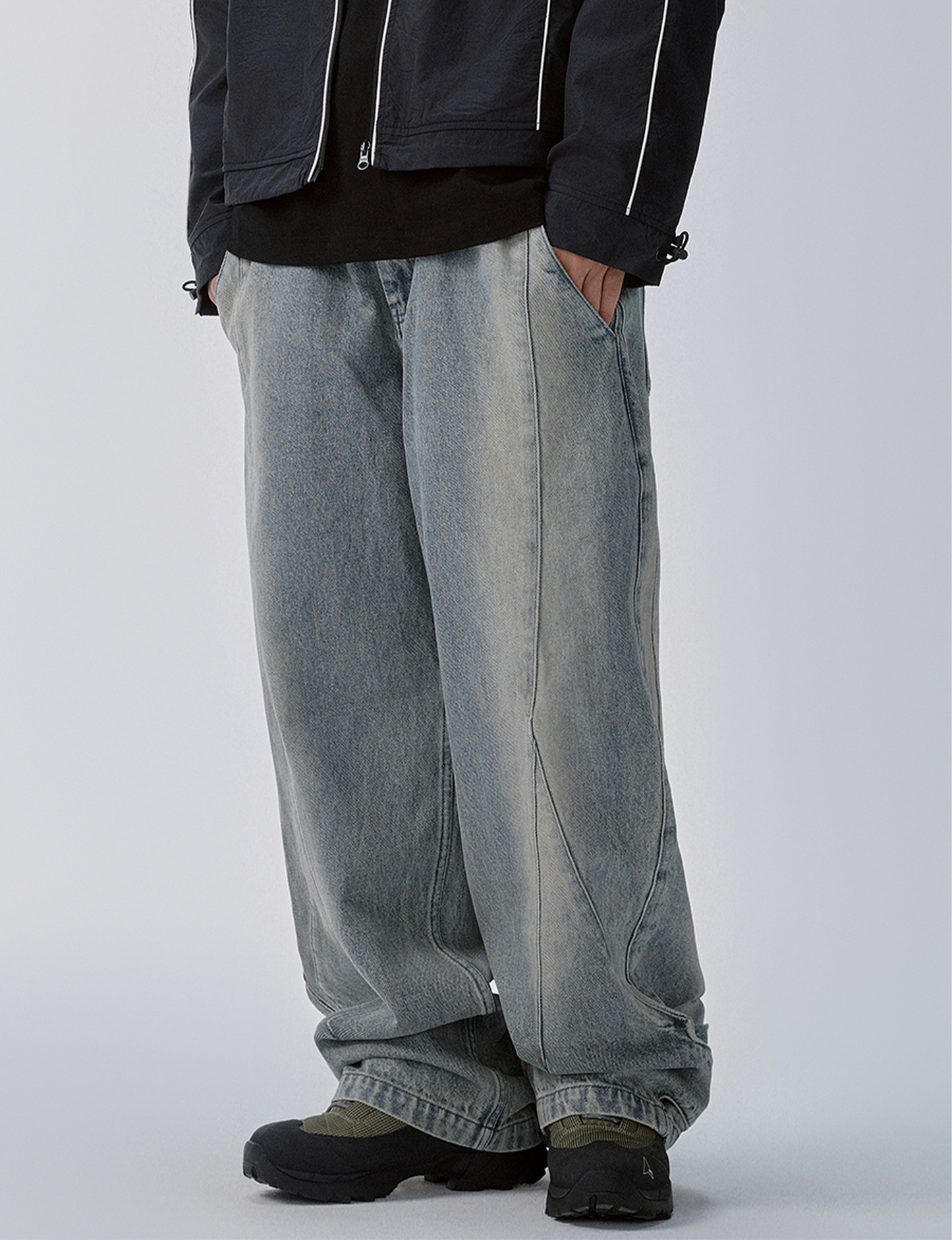 Washed Panel Adjustable-Hem Denim Pants