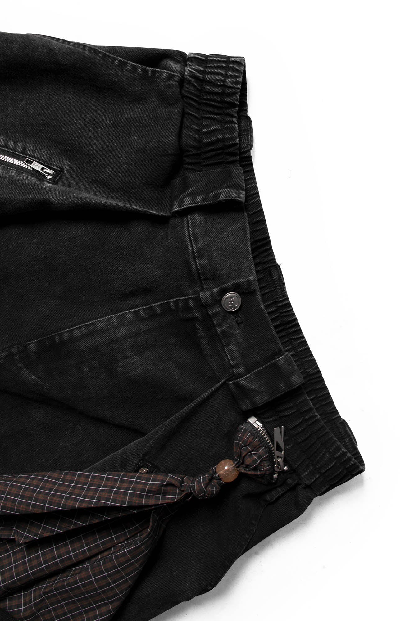 Detachable Scarf Washed Multi-Pocket Wide-Leg Shorts Black