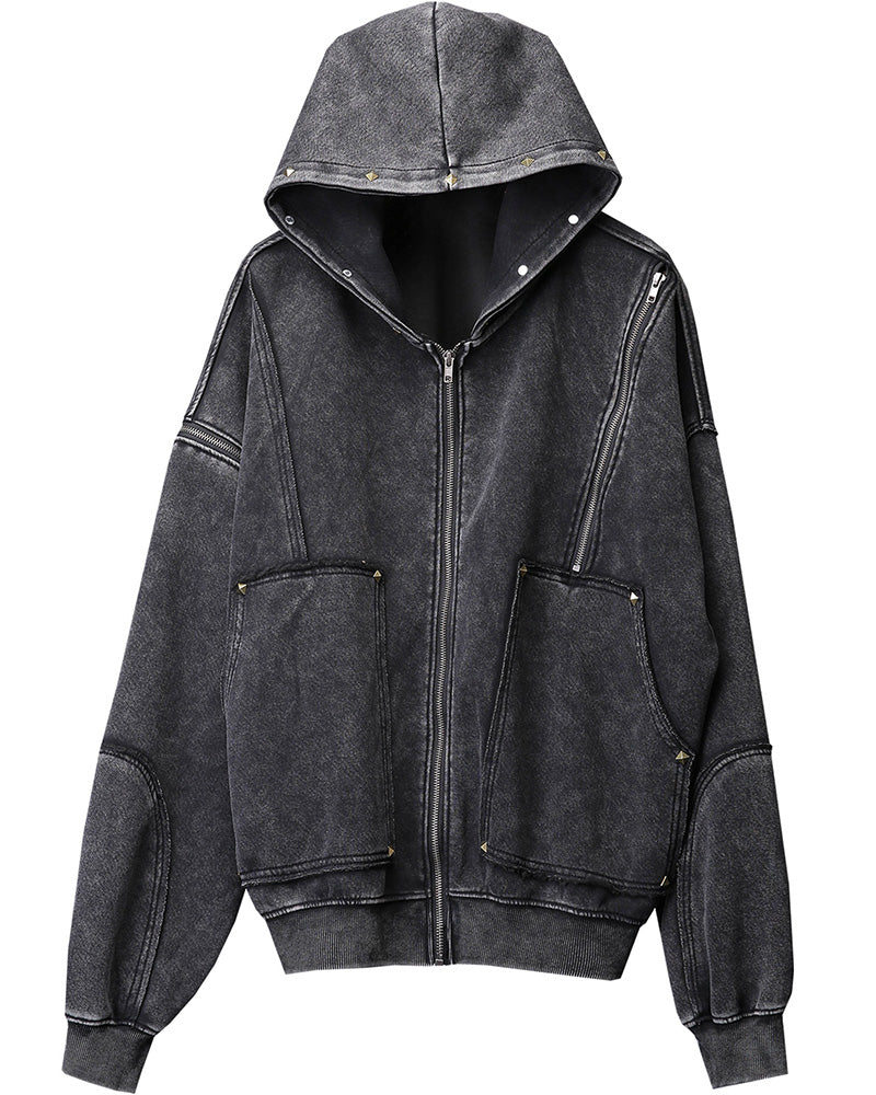 Wasteland Distressed Washed Multi-Zip Techwear Hoodie