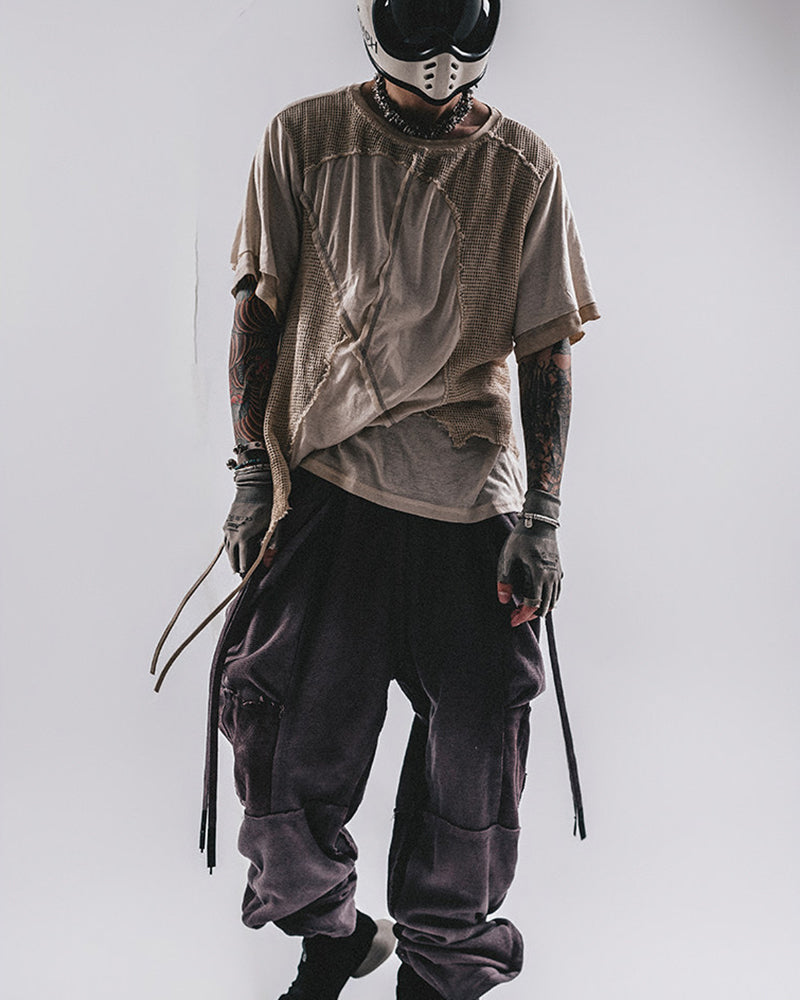 Wasteland Wear Distressed Dual-Layer Mesh Patchwork T-Shirt