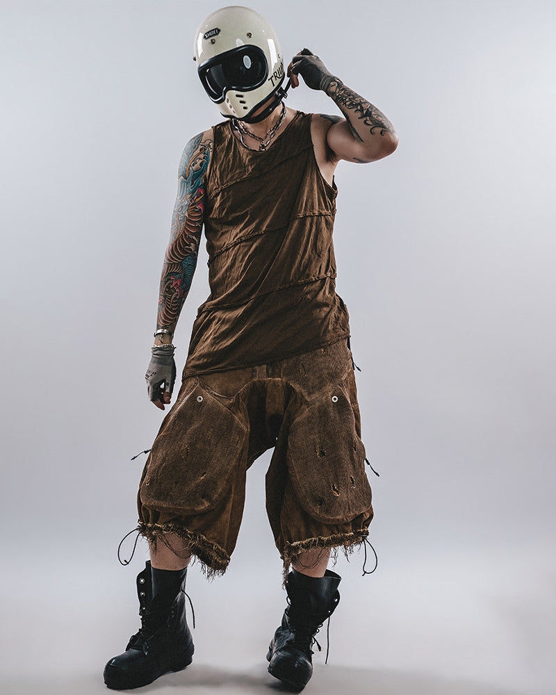 Post-Apocalyptic Distressed Mesh Drop Crotch Shorts