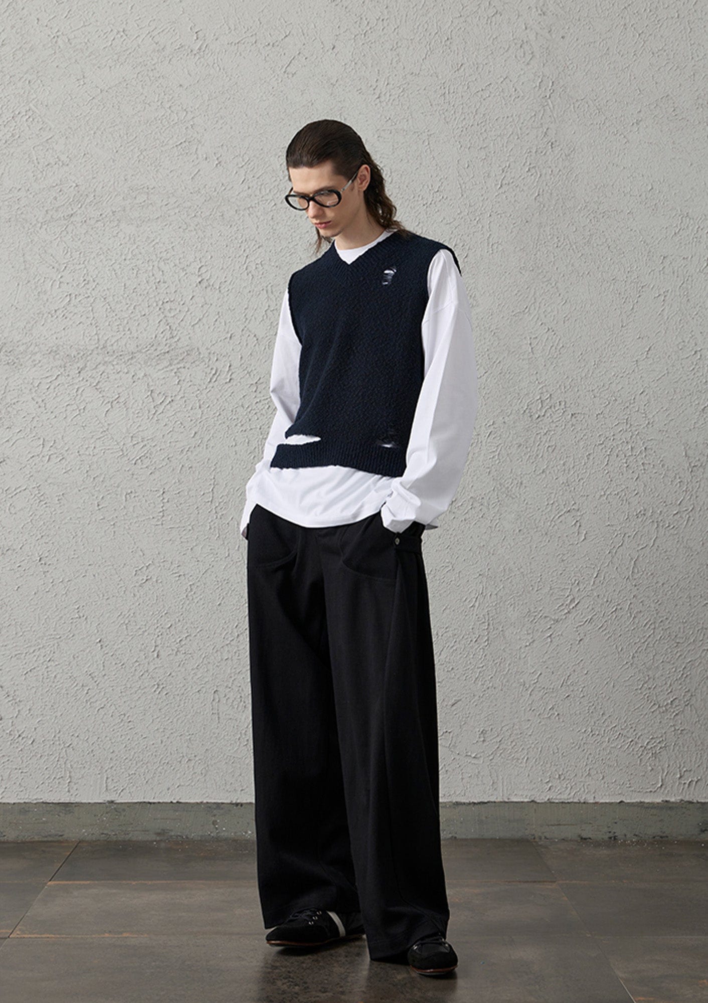 Asymmetrical Distressed Bubble-Knit Vest