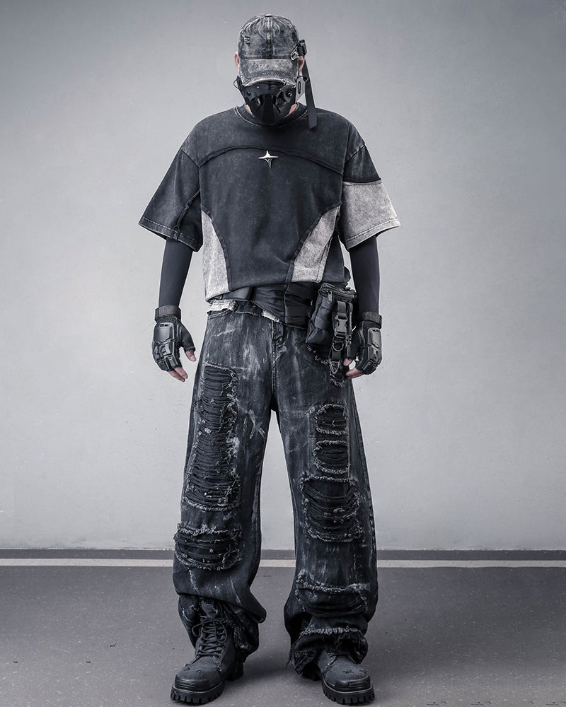 Street Wasteland-style Distressed Patchwork T-Shirt