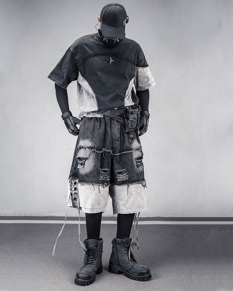 High-Street Wasteland Ripped Hem Washed Denim Shorts