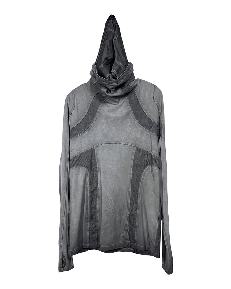 Wasteland Mesh‑Patchwork Ninja‑Hood Long‑Sleeve T-Shirt