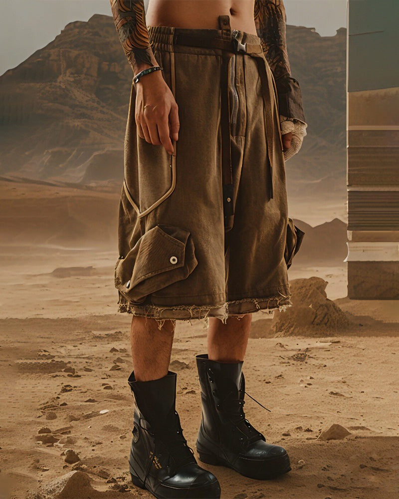 Scorched Earth Belted Drop-Crotch Cargo Shorts
