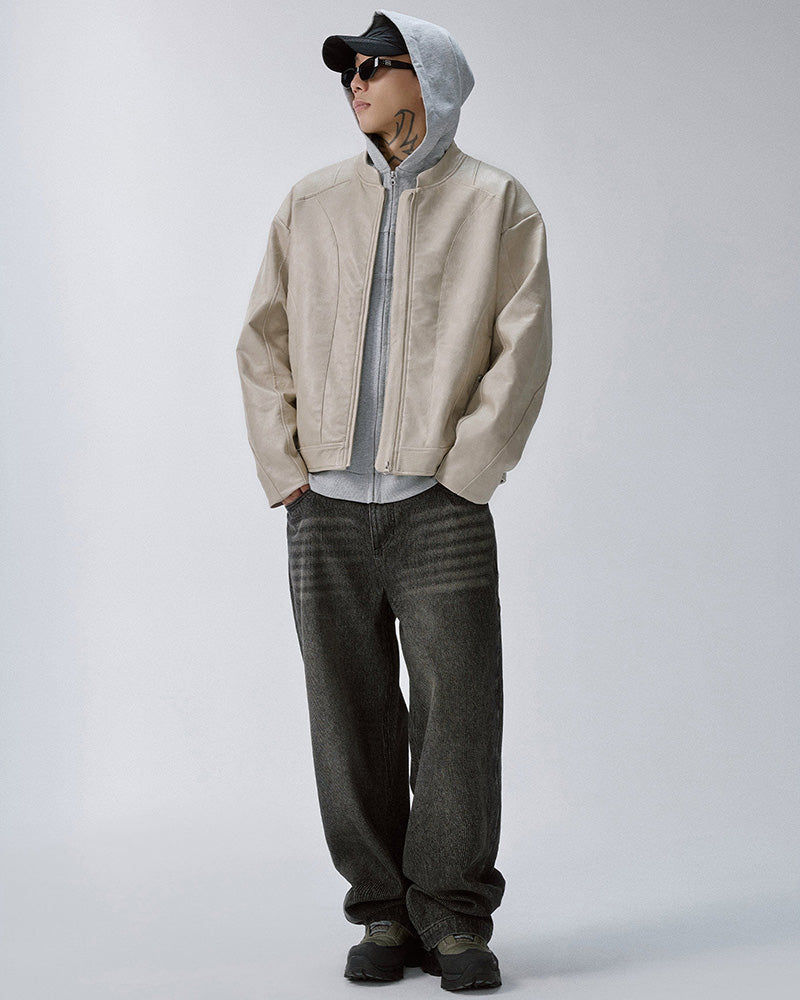 Vintage Washed Stand Collar Biker Jacket