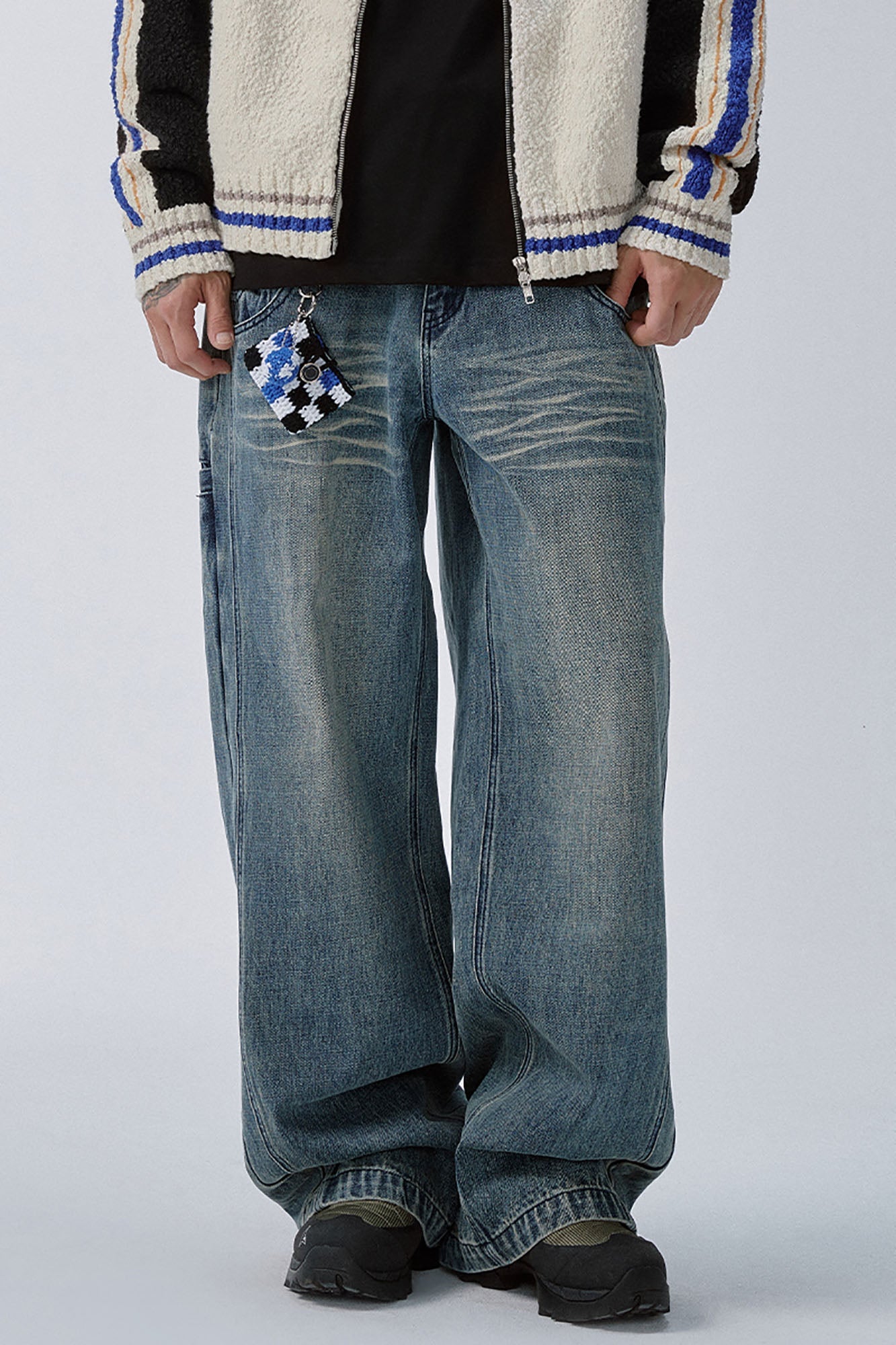 Double Waistband Washed Wide-Leg Jeans