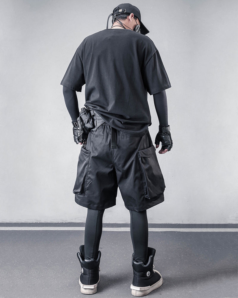 Black Techwear Multi-Pocket Cargo Shorts