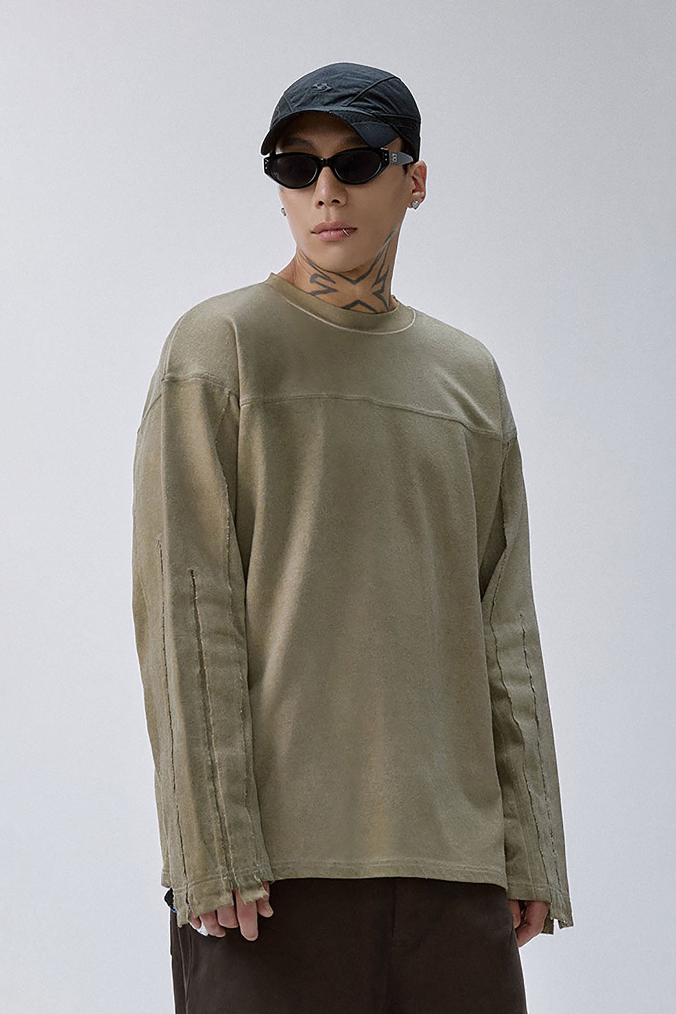 Distressed Panel-Stitched Long-Sleeve Tee