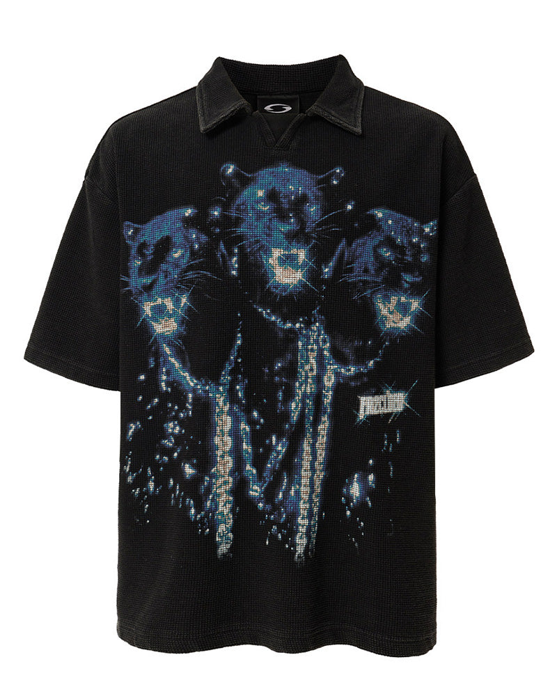 Washed Vintage Waffle Knit Polo T-Shirt