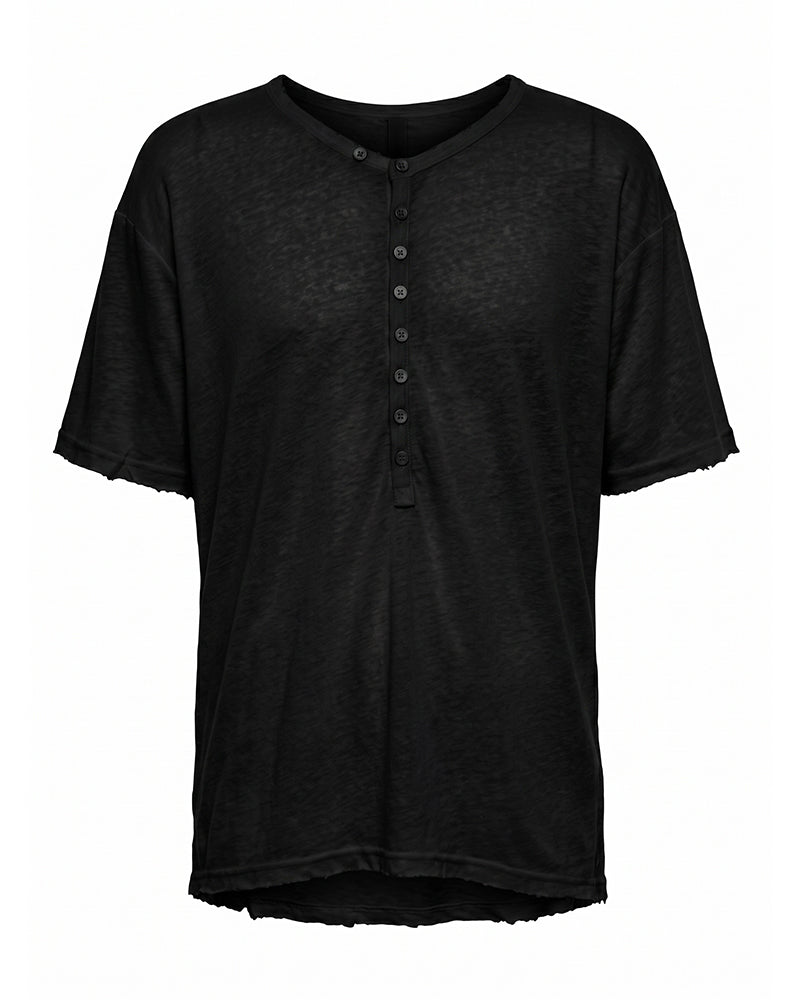 Minimal Raw Edge Button Short Sleeve T-Shirt