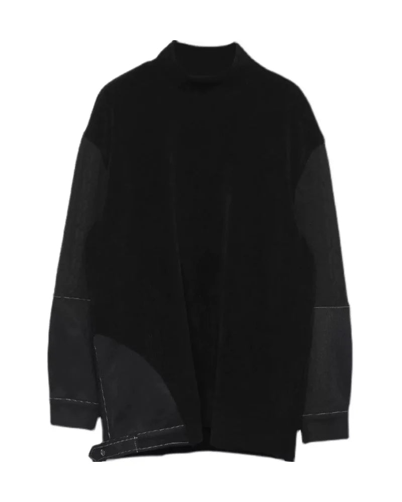 Modern Japanese-Style Patchwork Oversized Mock-Neck Sweatshirt