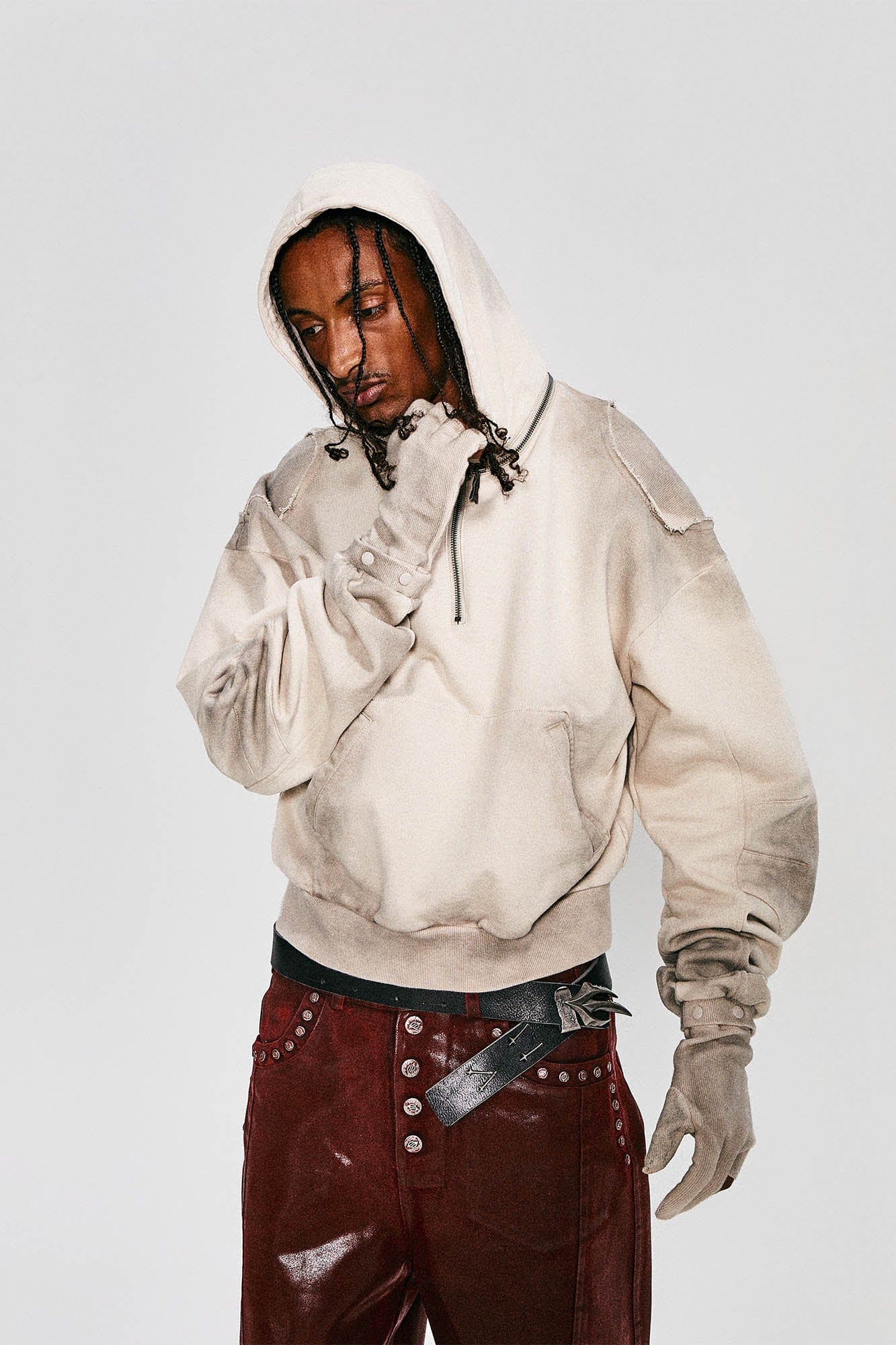 Distressed Detachable-Hood Glove-Sleeve Hoodie