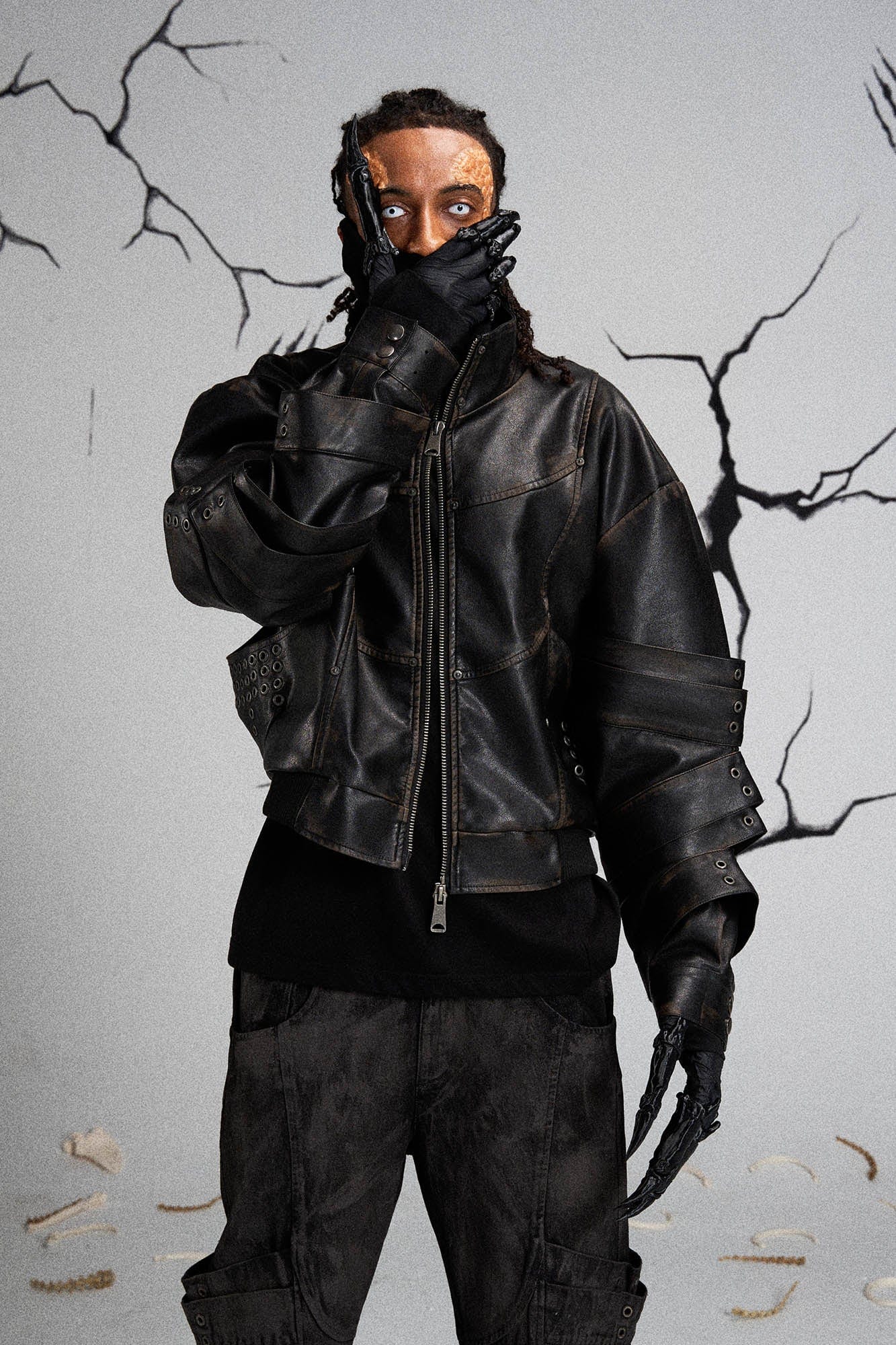 Mutation Layered Armor Spliced Faux Leather Jacket Black