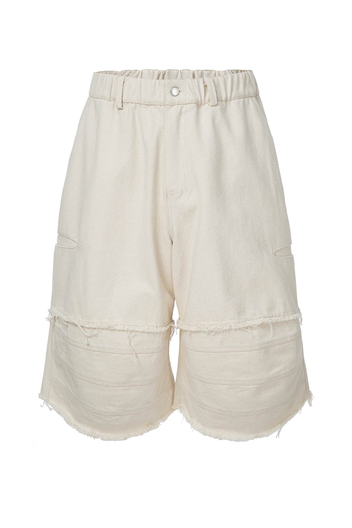 Layered Spliced Frayed-Edge Shorts