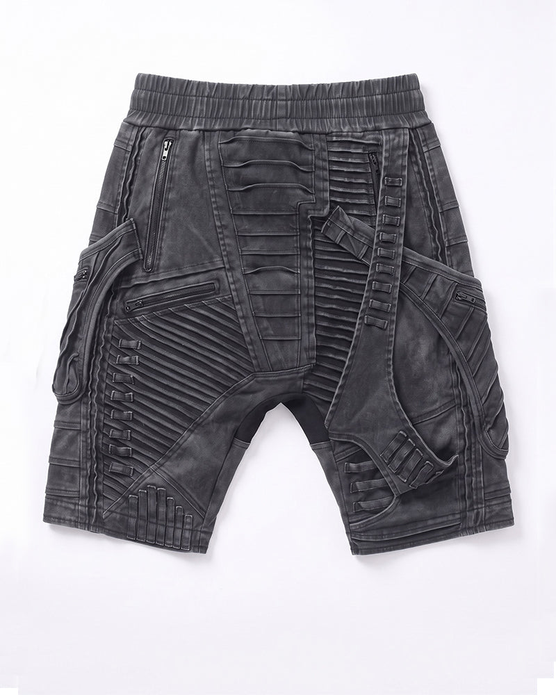 Wasteland Asymmetric Pleated Multi-Zip Drop-Crotch Shorts