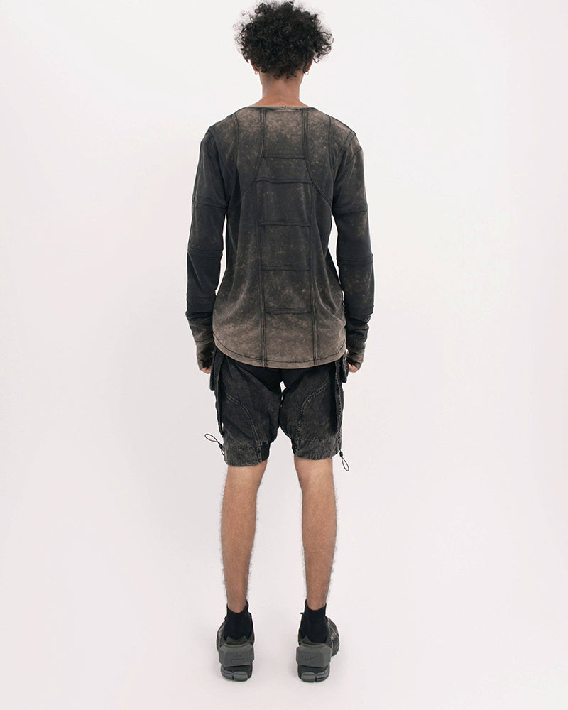 Washed Paneled Crew Neck Long-Sleeve Tee