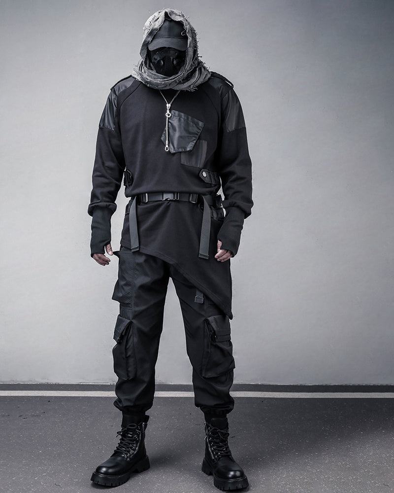 High-Street Techwear Asymmetric Patchwork Cargo Sweatshirt