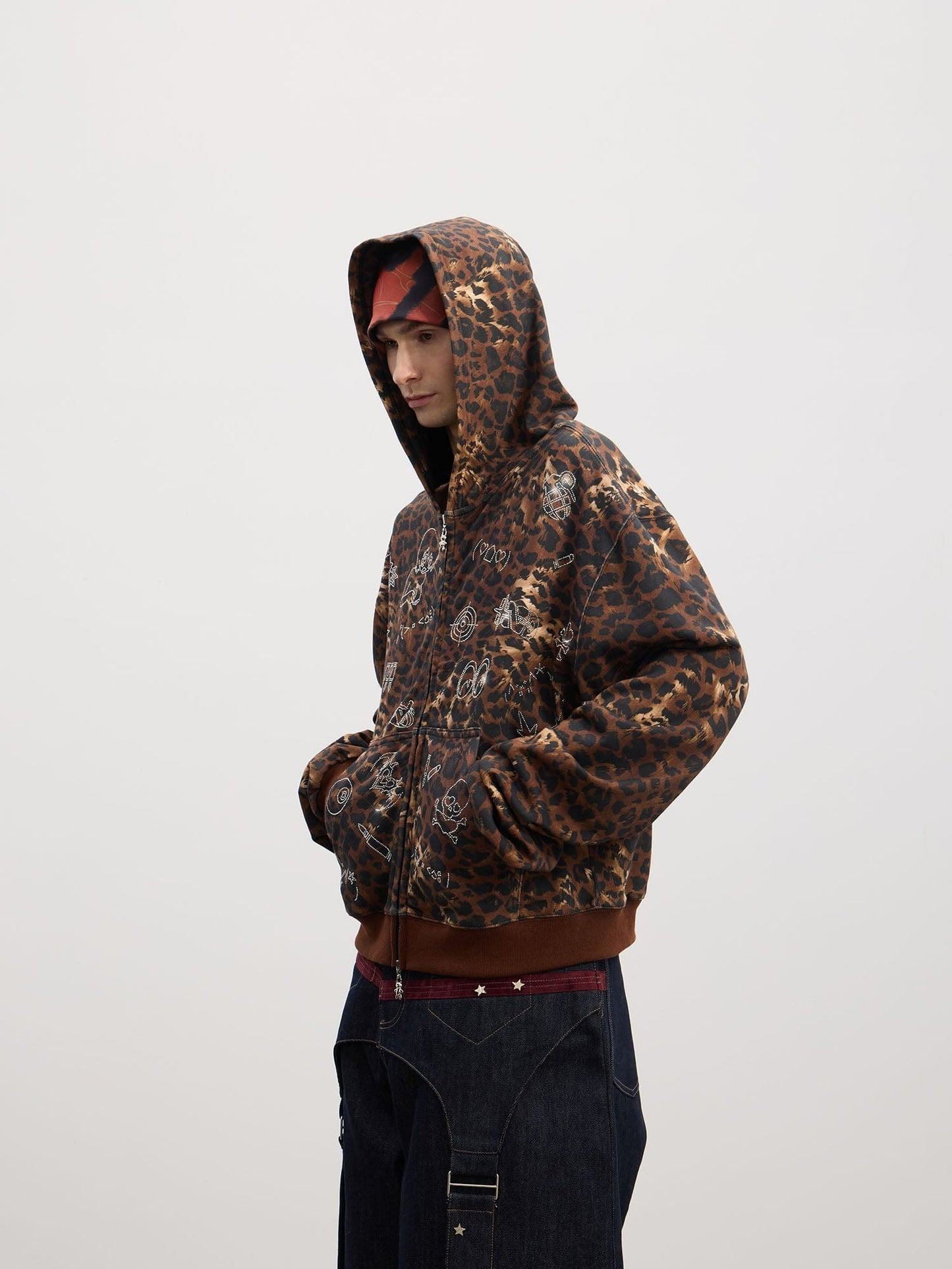 Cartoon Rhinestone Leopard Zip-Up Hoodie