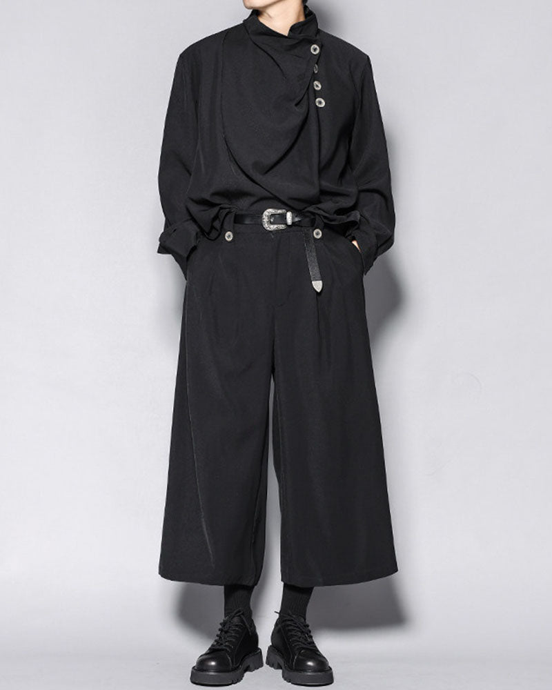 Modern Japanese Half-Stand Draped Collar Long-Sleeve Shirt