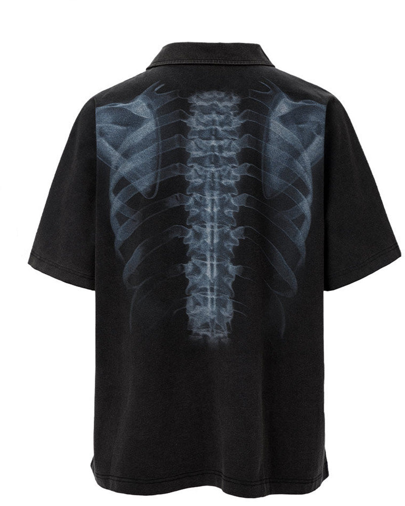 Washed Vintage Skeleton Print Polo Shirt