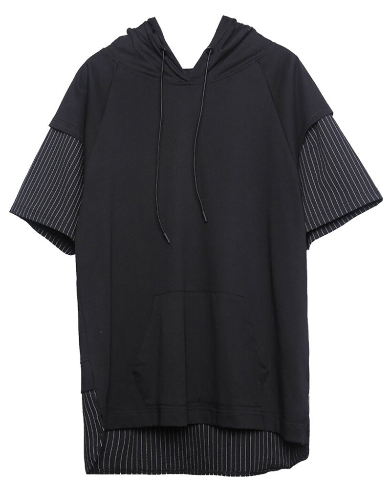 Layered Pinstripe Hooded Techwear T-Shirt