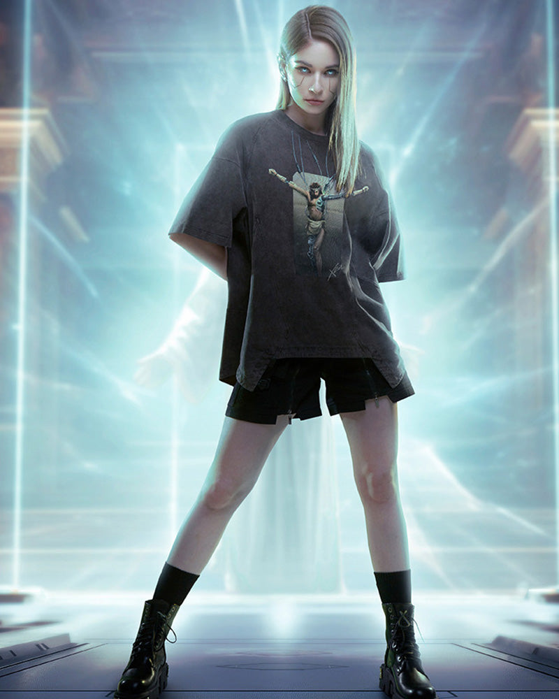 Cyberpunk Washed Gradient Discharge Print T-Shirt