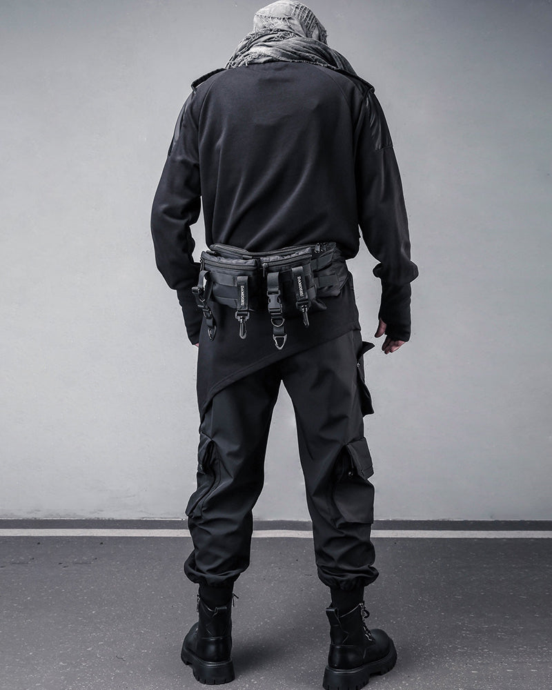 High-Street Techwear Asymmetric Patchwork Cargo Sweatshirt