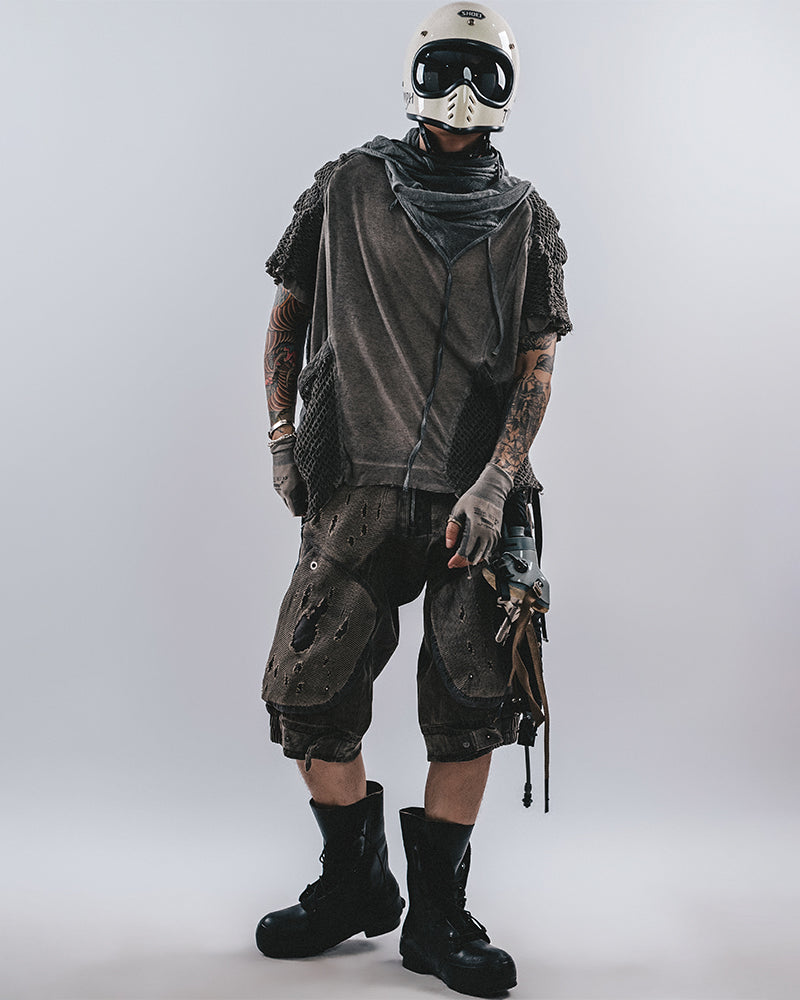 Post-Apocalyptic Distressed Mesh-Panel Shorts