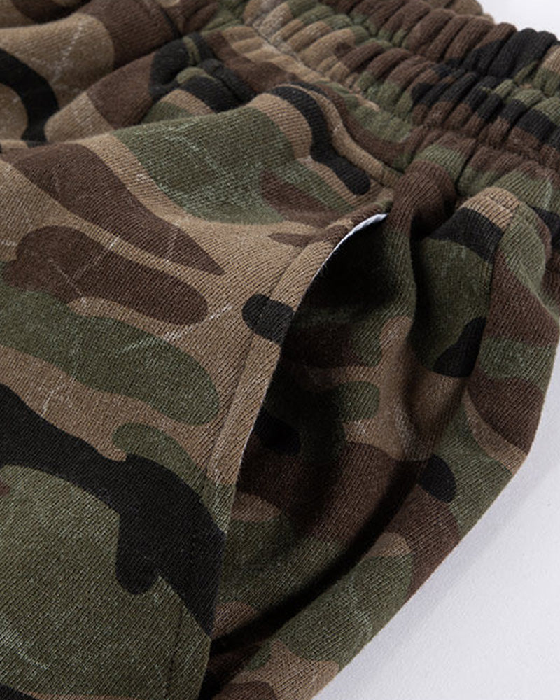 Washed Camo Oversized Curved Knee Shorts