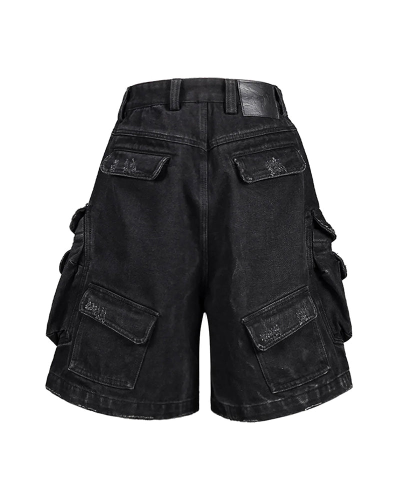 Layered-Pocket Distressed Denim Shorts