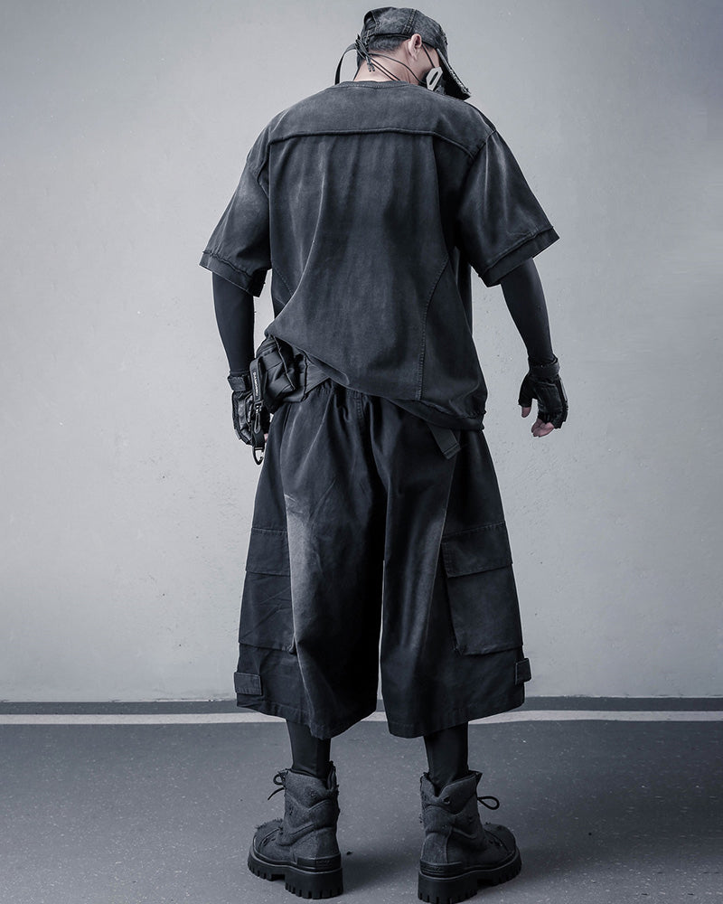 Techwear Distressed Wide-Leg Cargo Shorts