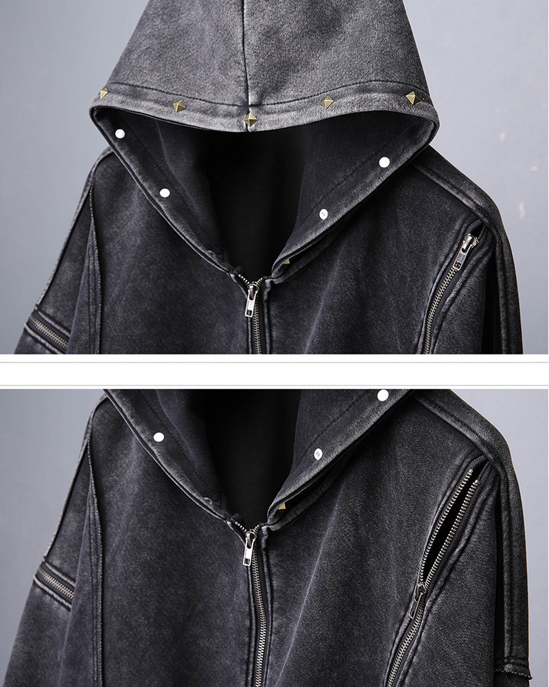 Wasteland Distressed Washed Multi-Zip Techwear Hoodie