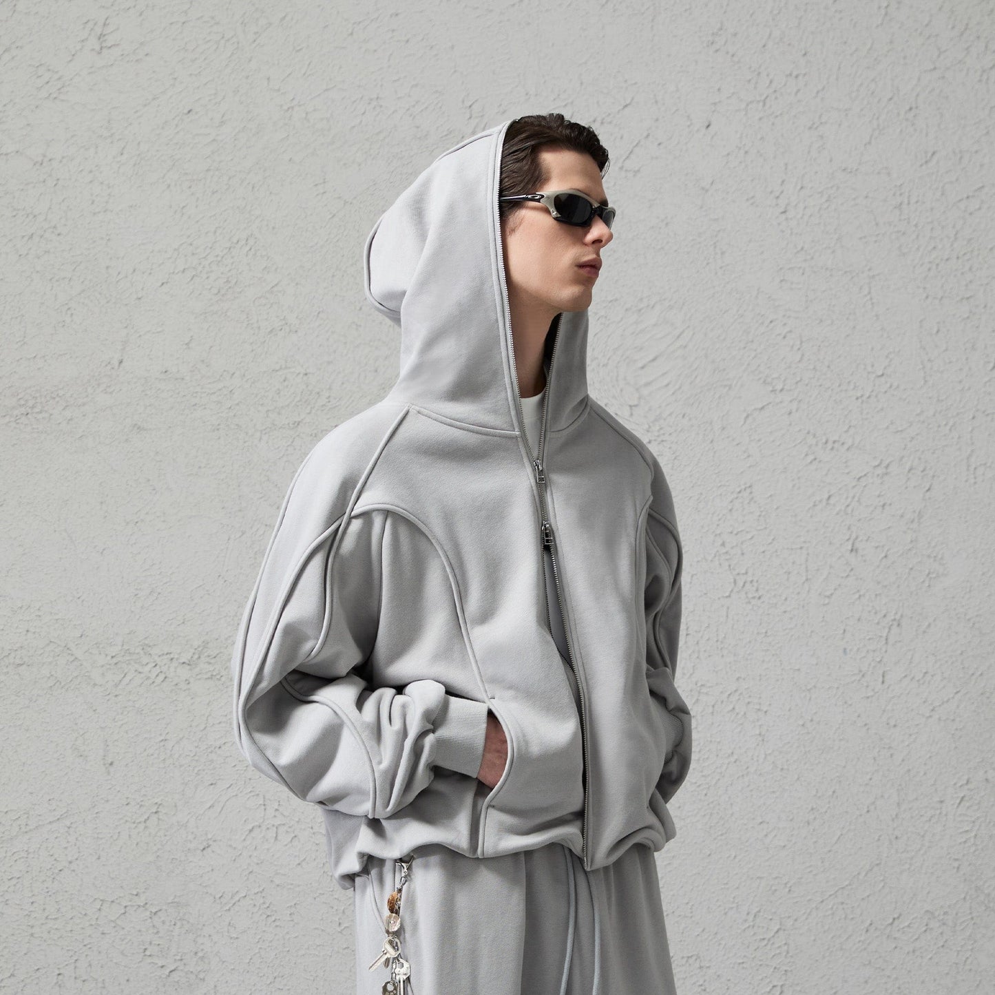 Curved Panel Drawstring-Hem Zip-Up Hoodie