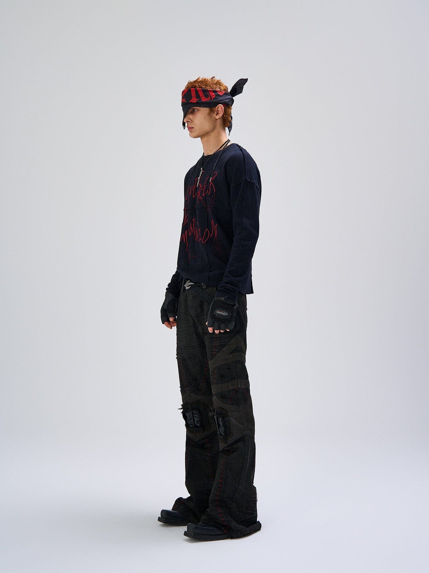 Cross-Panel Contrast Frayed Embroidered Long-Sleeve Tee
