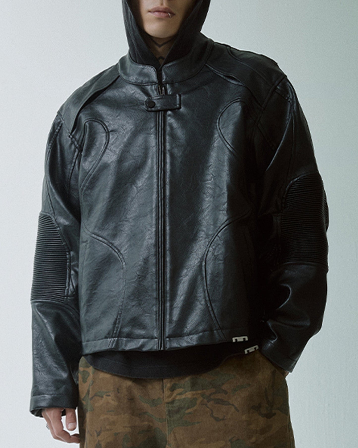 Modern Deconstructed Faux Leather Biker Jacket Black