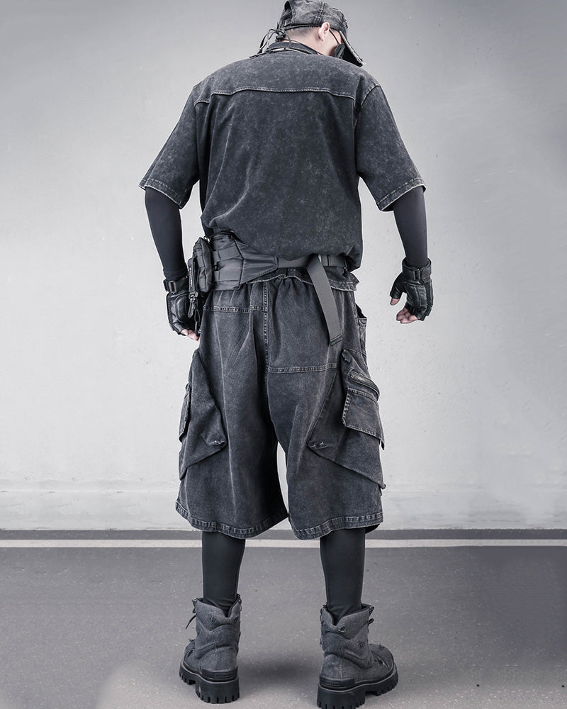 Washed Black Denim Techwear Cargo Shorts