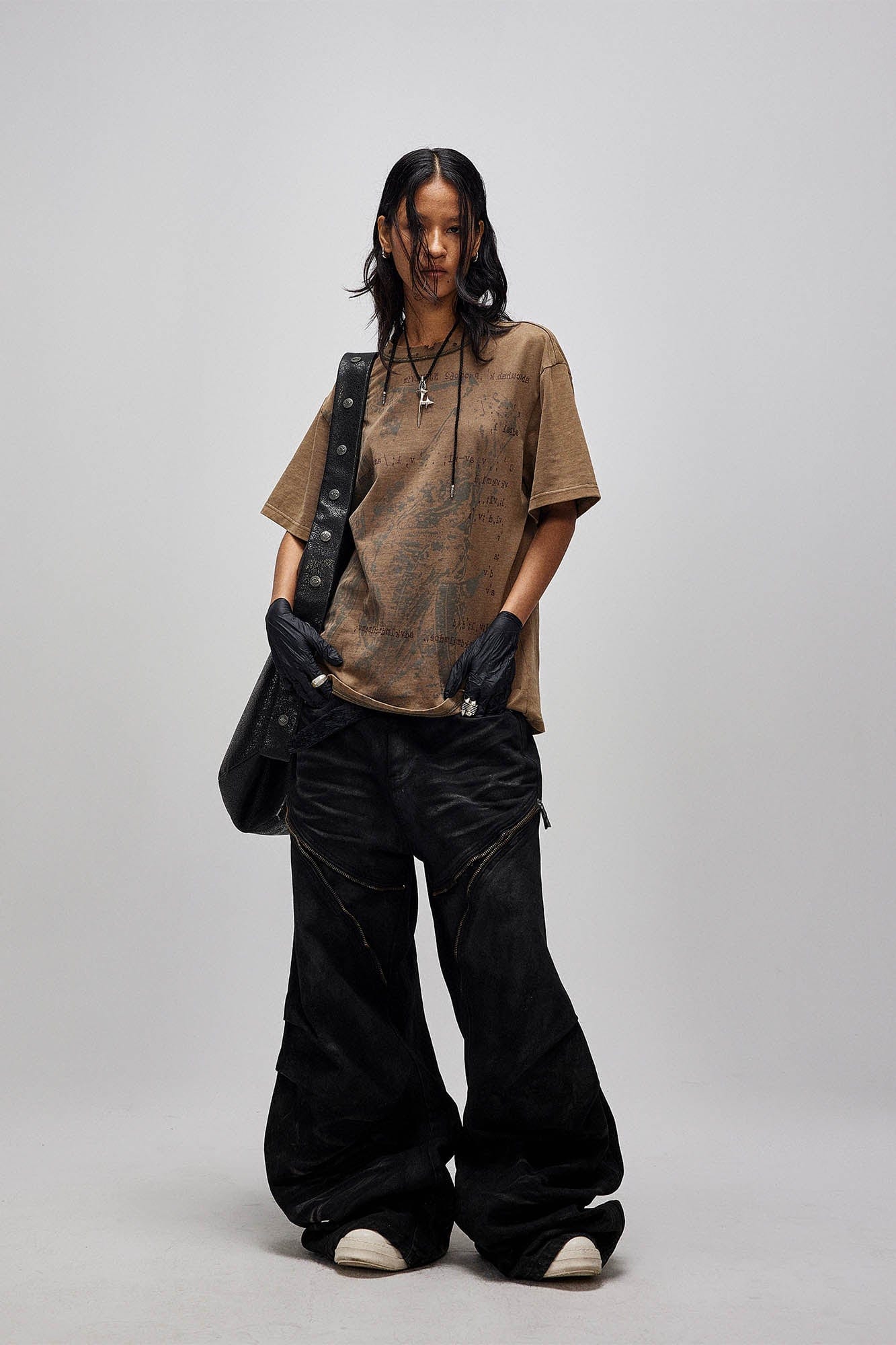 Distressed Waxed Zipper-Paneled Scimitar Pants