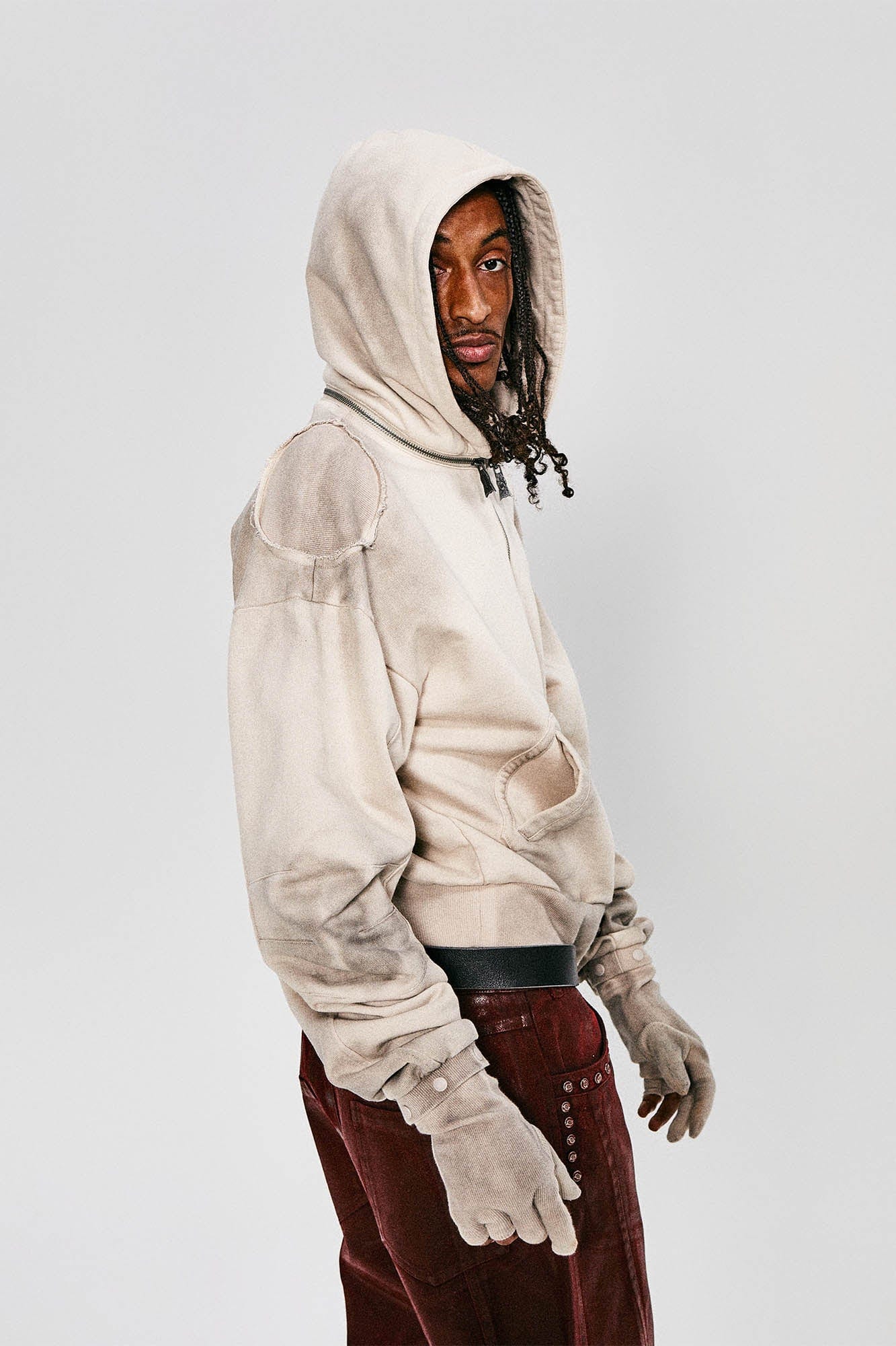 Distressed Detachable-Hood Glove-Sleeve Hoodie