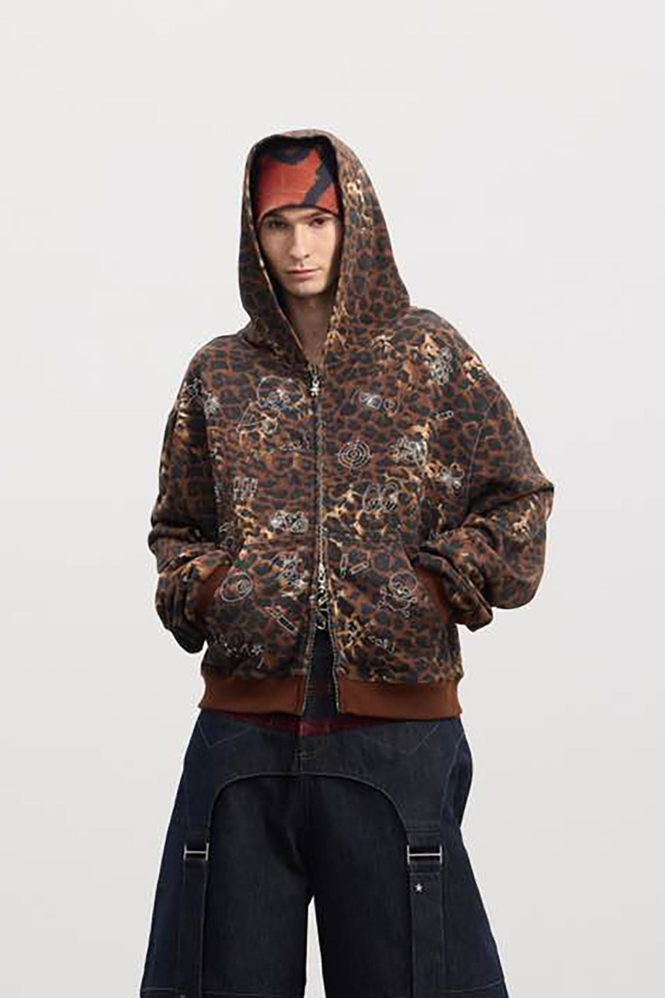 Cartoon Rhinestone Leopard Zip-Up Hoodie