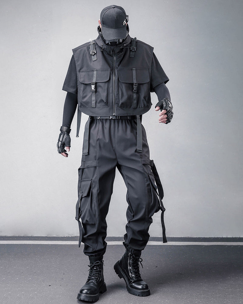 Techwear Tactical Utility Hooded Black Vest