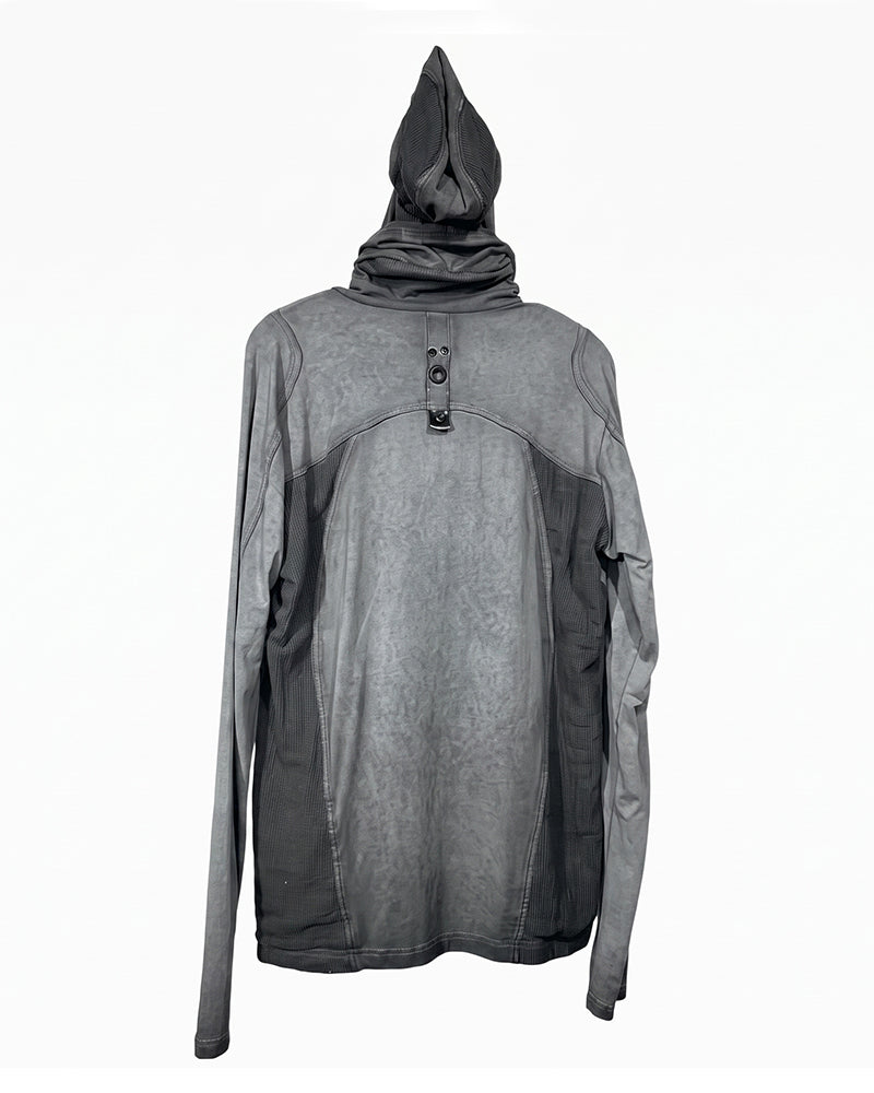 Wasteland Mesh‑Patchwork Ninja‑Hood Long‑Sleeve T-Shirt