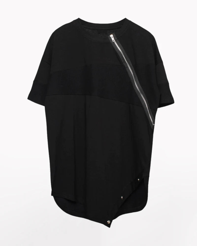 Functional Irregular Stitching Zipper Triangle Hem T-Shirt
