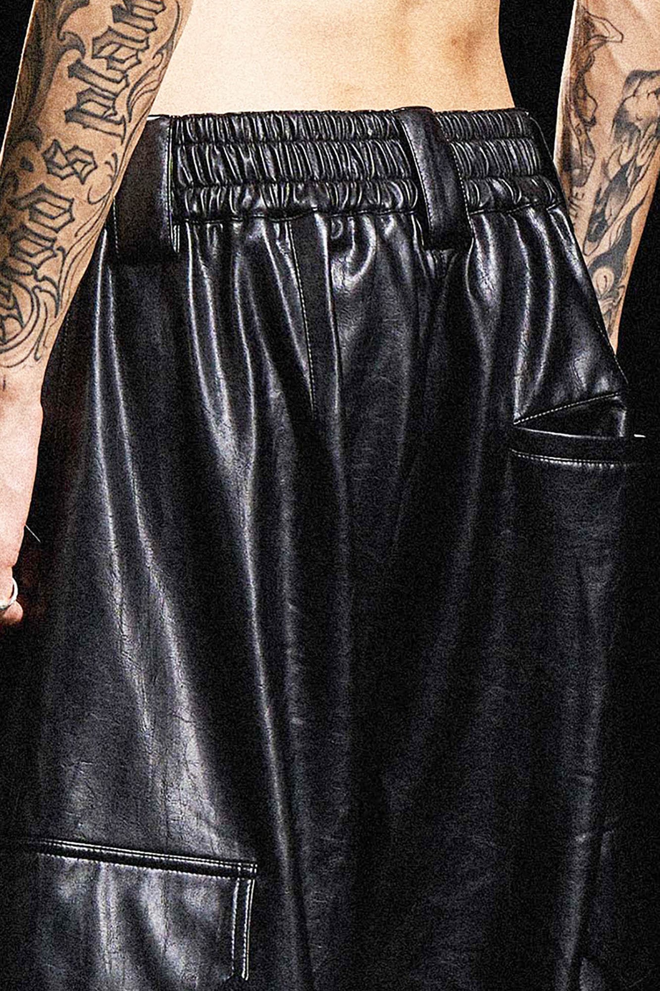 Multi-Pocket Pleated Faux Leather Wide-Leg Pants