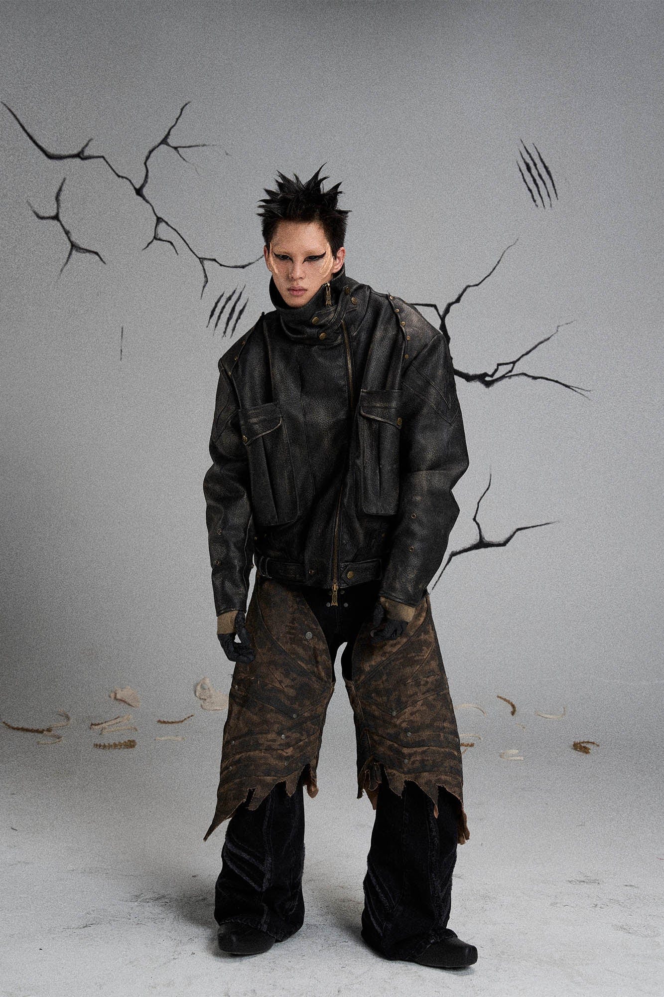 Mutation Knight Armor Distressed High-Collar Faux Leather Jacket