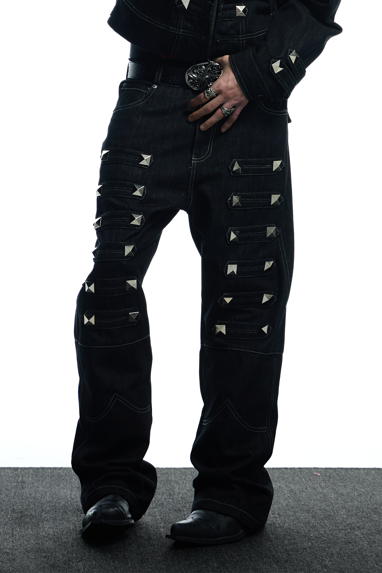 Studded Raw Denim Flare Jeans