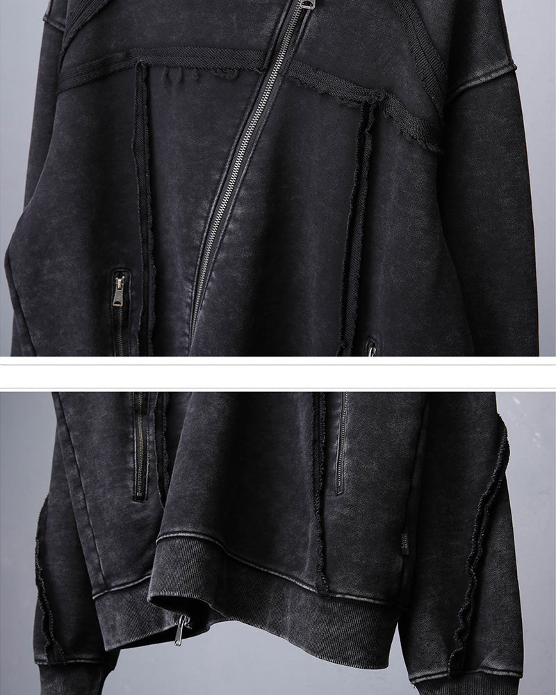 Washed Distressed Asymmetric Zip Techwear Hoodie